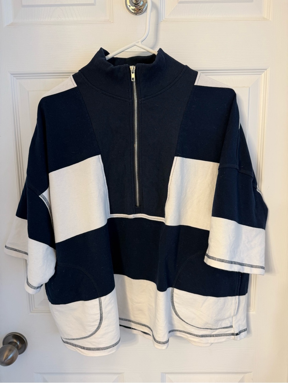 Navy and White Half-Zip Striped Pullover size Large